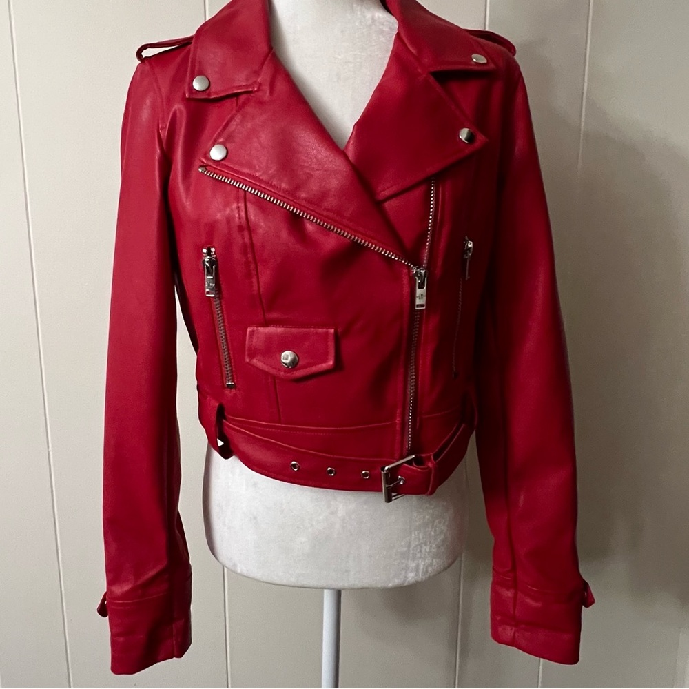 Current Mood Born Sinner Moto Jacket red & black faux Leather small NWT - Picture 9 of 16